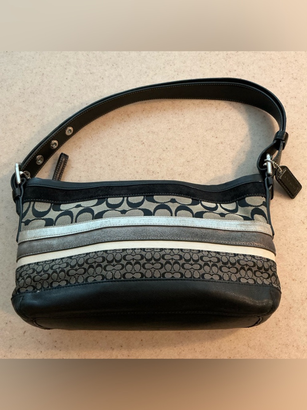 Coach Black and Silver Signature Stripe Shoulder Bag East West Convertible